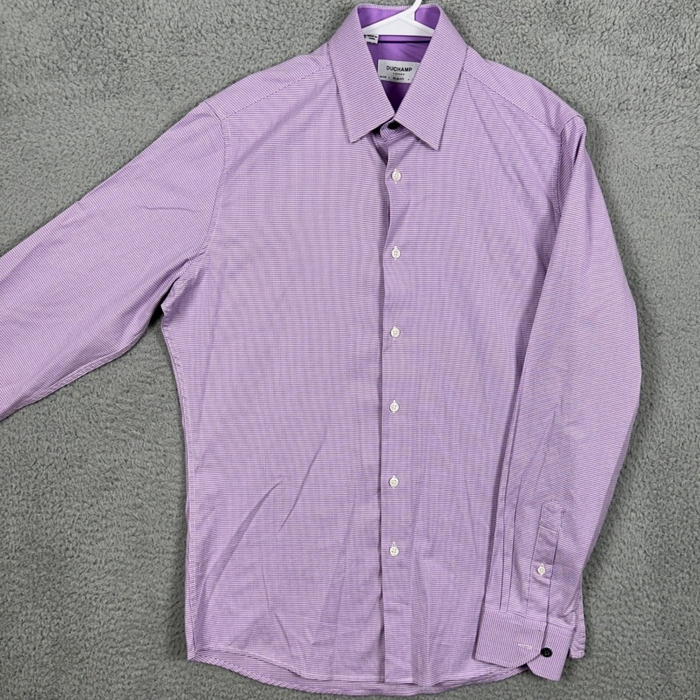 DUCHAMP LONDON Mens 15.5 39 Shirt Dress Purple Houndstooth Slim Fit Stretch EUC